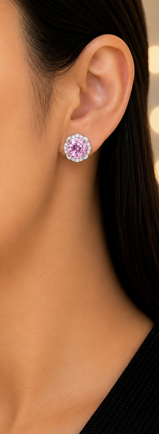 925 Sterling Silver Pink Floral Stud Earrings | Everyday Wear Designer Earrings ER244
