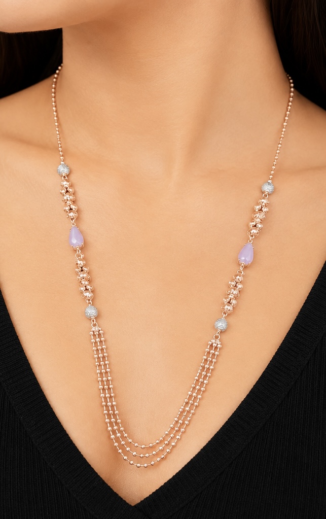 925 Sterling Silver Rose Gold Italian Chain with Pink Stones | Elegant Women’s Designer Necklace CH535