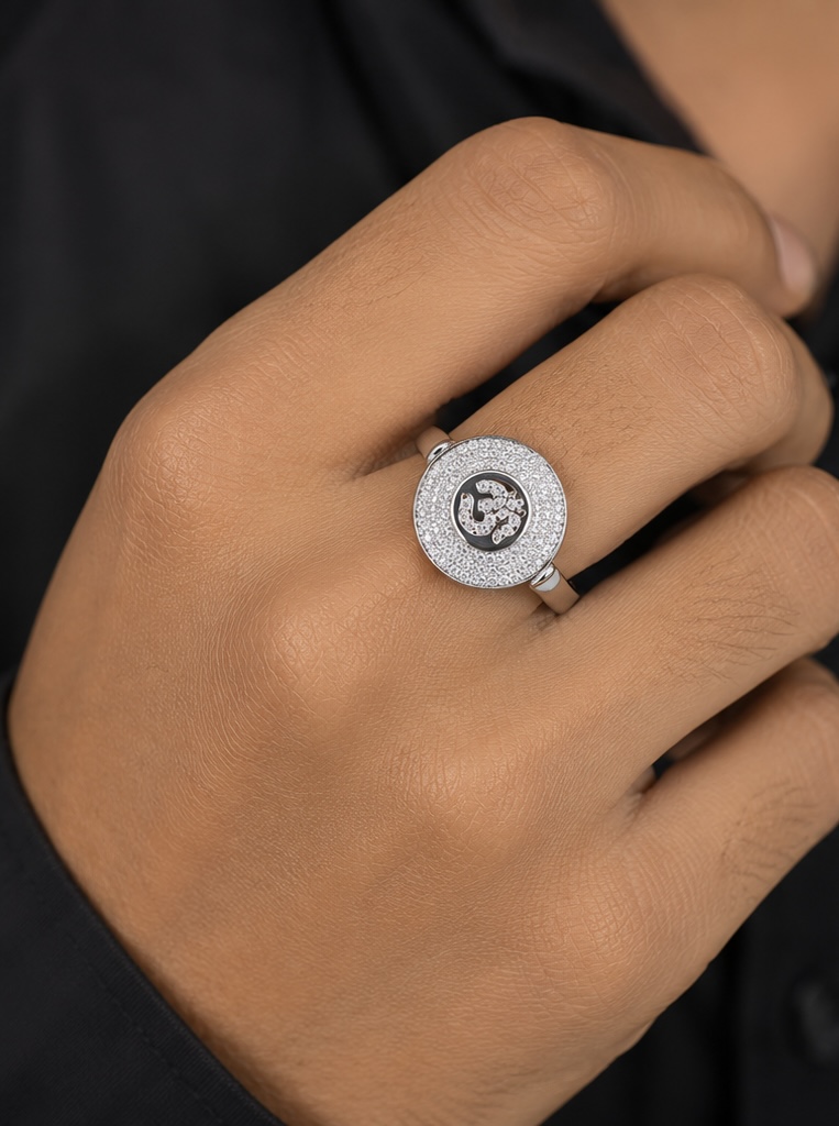 925 Sterling Silver Om White Stone Gents Ring | Spiritual Men’s Silver Ring GR0033