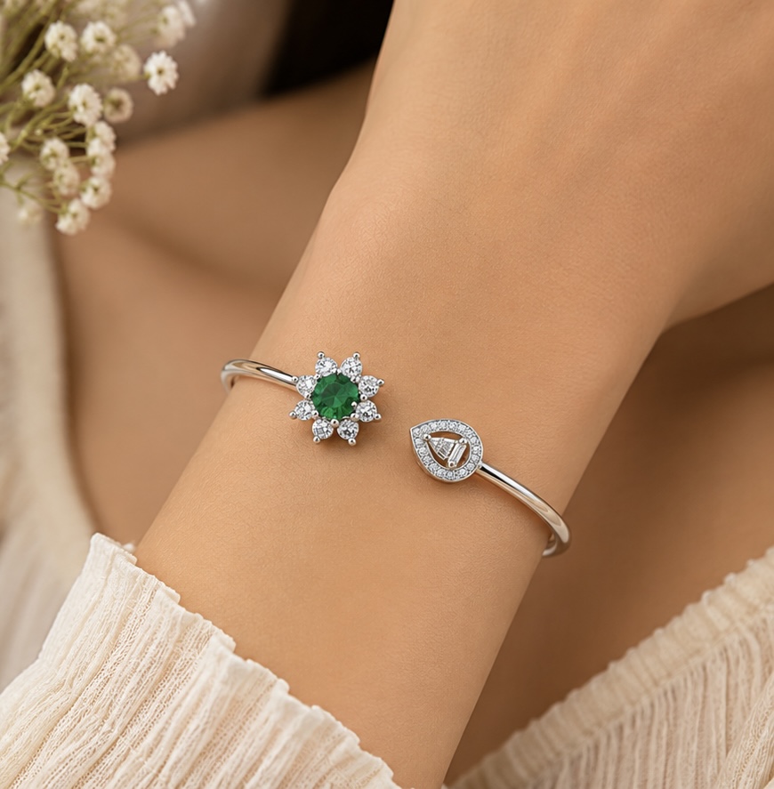 925 Sterling Silver Green Stone Open Kada Bracelet for Women | Elegant Floral Daily Wear Bracelet BR035