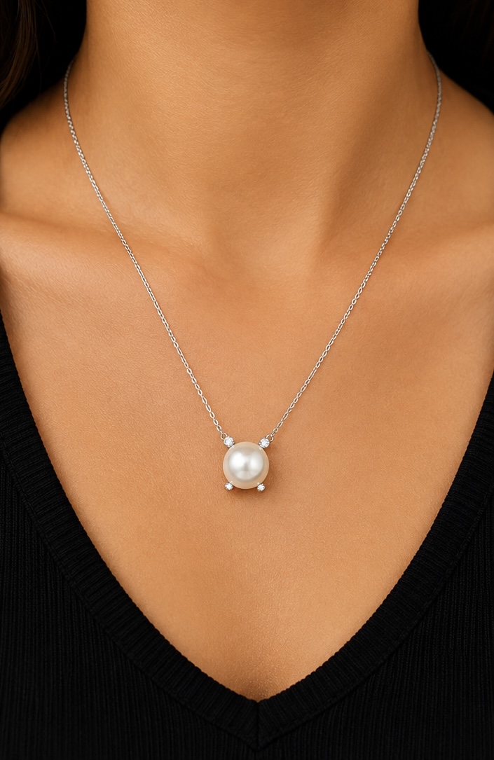 925 Sterling Silver White Pearl Chain Pendant Necklace | Elegant Daily Wear Pearl Jewellery for Women PS070