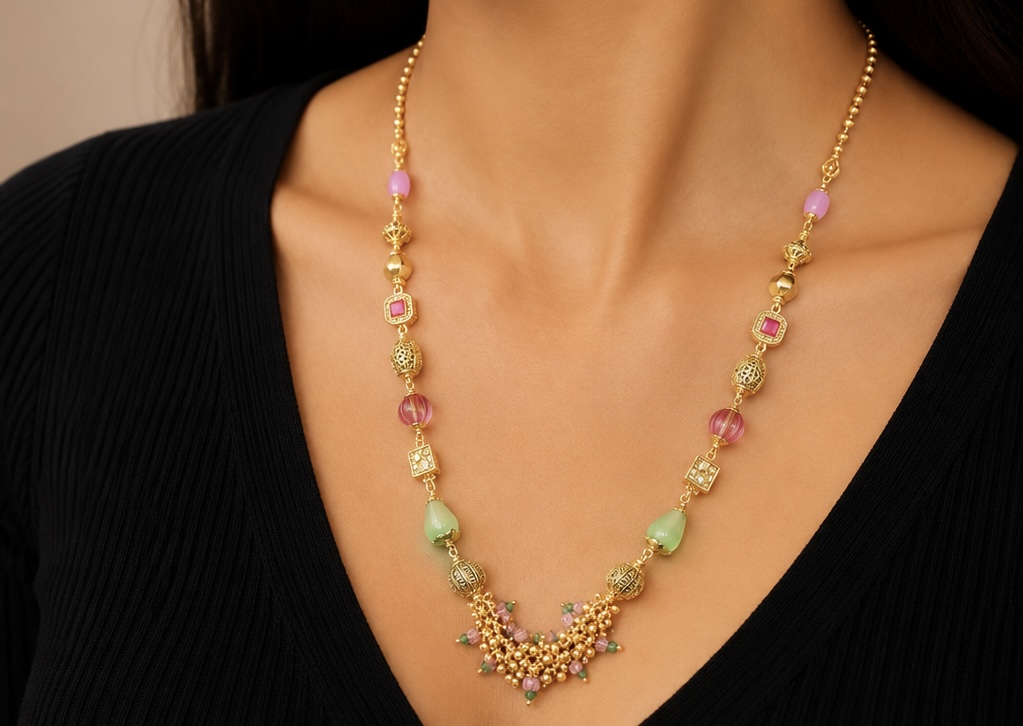 925 Sterling Silver Gold-Tone Multicolor Beaded Necklace for Women | Designer Statement Chain CH663