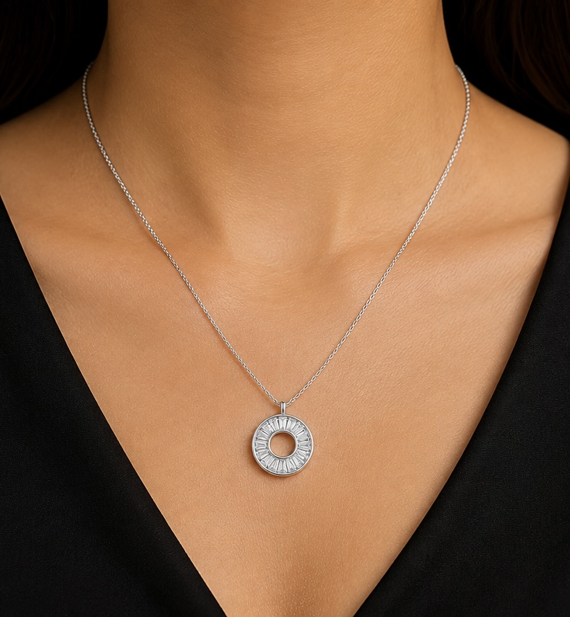 925 Sterling Silver Circular White Stone Pendant Necklace | Elegant Daily Wear Chain Pendant for Women PS059