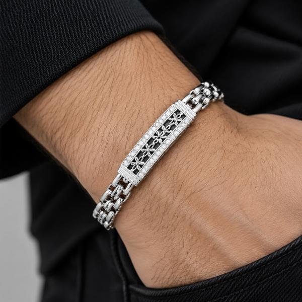 Men’s 925 Sterling Silver Designer Bracelet with CZ Centre Bar | Premium Gents Silver Bracelet BR298