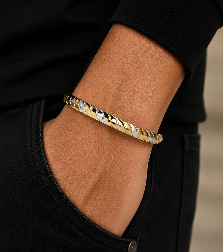 925 Sterling Silver Gold-Tone Men’s Kada | Premium Two-Tone Designer Silver Bracelet KADA228
