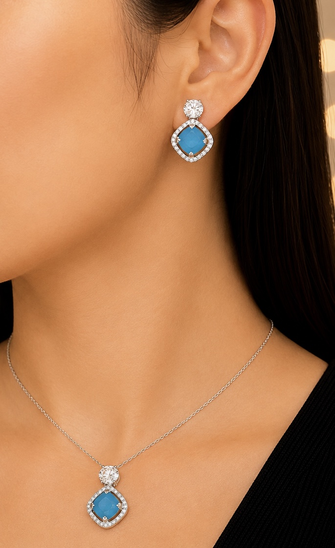 925 Sterling Silver Aqua Blue Stone Pendant Set with Earrings | Elegant Daily Wear Jewellery Set NKL70
