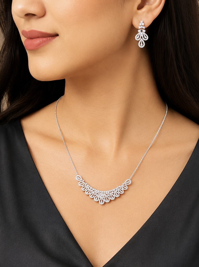925 Sterling Silver White Stone Necklace Set with Earrings | Lightweight Daily Wear Jewellery Set Nkl68
