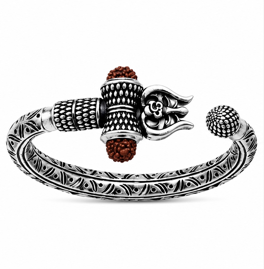 925 Sterling Silver Rudraksh Om Kada for Men | Antique Oxidized Spiritual Kada KADA252